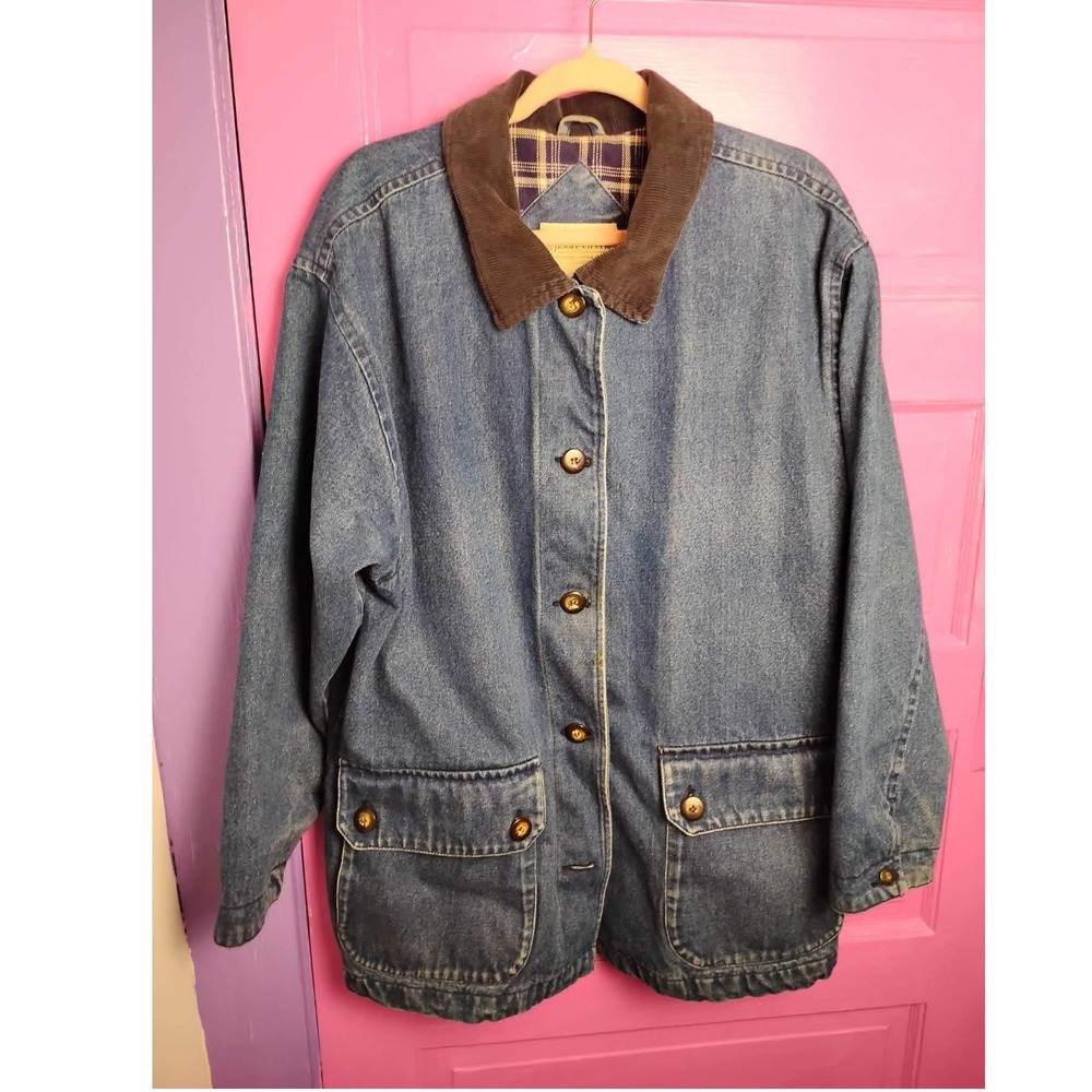 Vintage 1X St. Johns Bay Women's Denim Barn Jacket Plaid Flannel Lined 90s Flaws